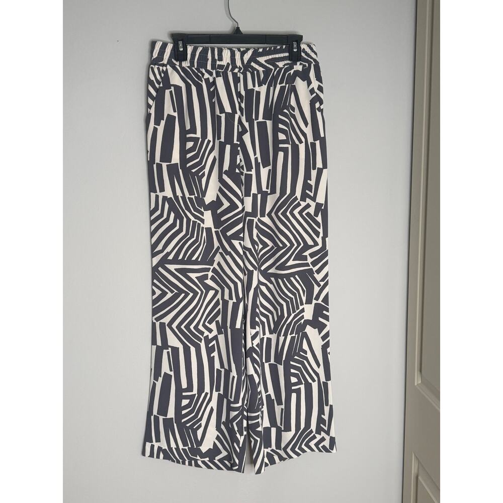 Ann Taylor LOFT Gray Cream Abstract Print Elastic Pull-on Wide Leg Pants Sz M